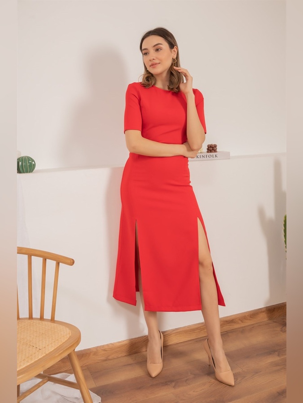 Zara Fireman Red Midi Fitted Structured Dress slits Bloggers Fave
